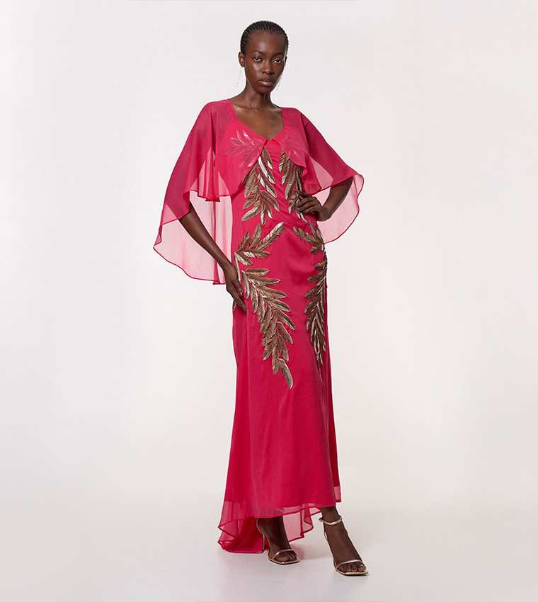 Feather Embellished Woven Cape Sleeves Maxi Dress