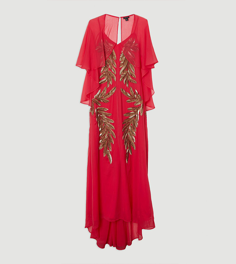 Feather Embellished Woven Cape Sleeves Maxi Dress