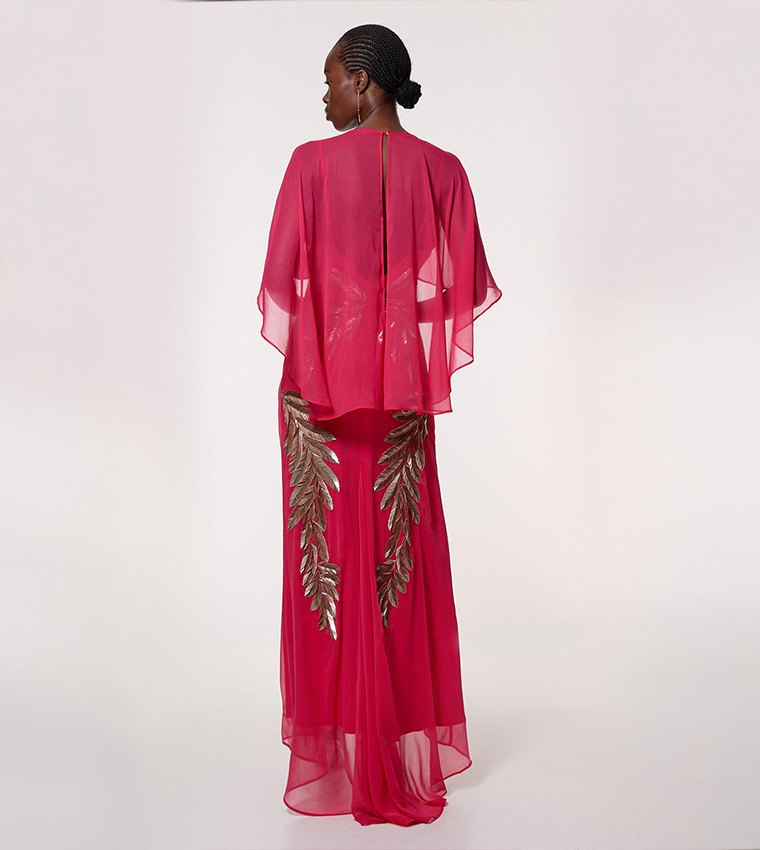 Feather Embellished Woven Cape Sleeves Maxi Dress