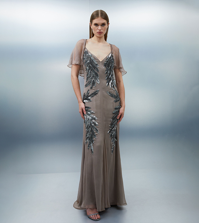 Buy Karen Millen Petite Feather Embellished Woven Cape Sleeves Maxi Dress  In Taupe | 6thStreet Kuwait