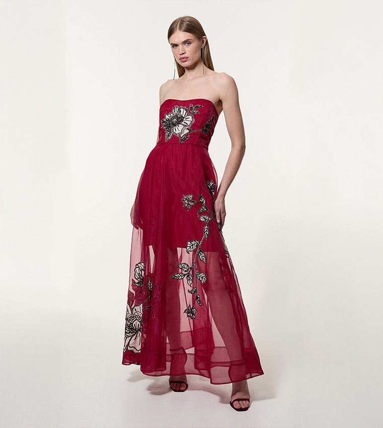 Floral Printed Appliqued Organdie Woven Bandeau Maxi Dress