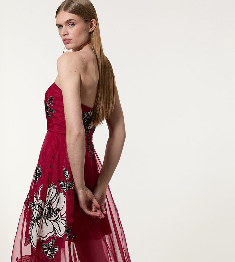 Floral Printed Appliqued Organdie Woven Bandeau Maxi Dress