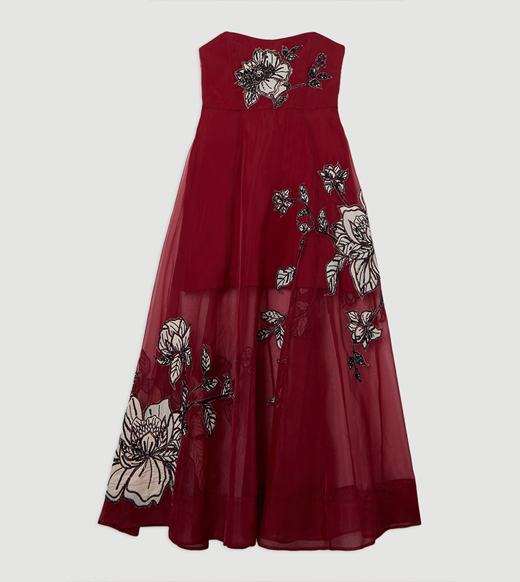 Floral Printed Appliqued Organdie Woven Bandeau Maxi Dress