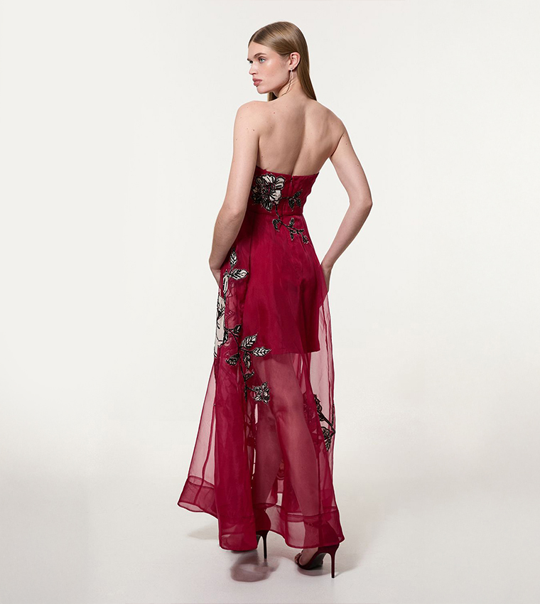 Floral Printed Appliqued Organdie Woven Bandeau Maxi Dress