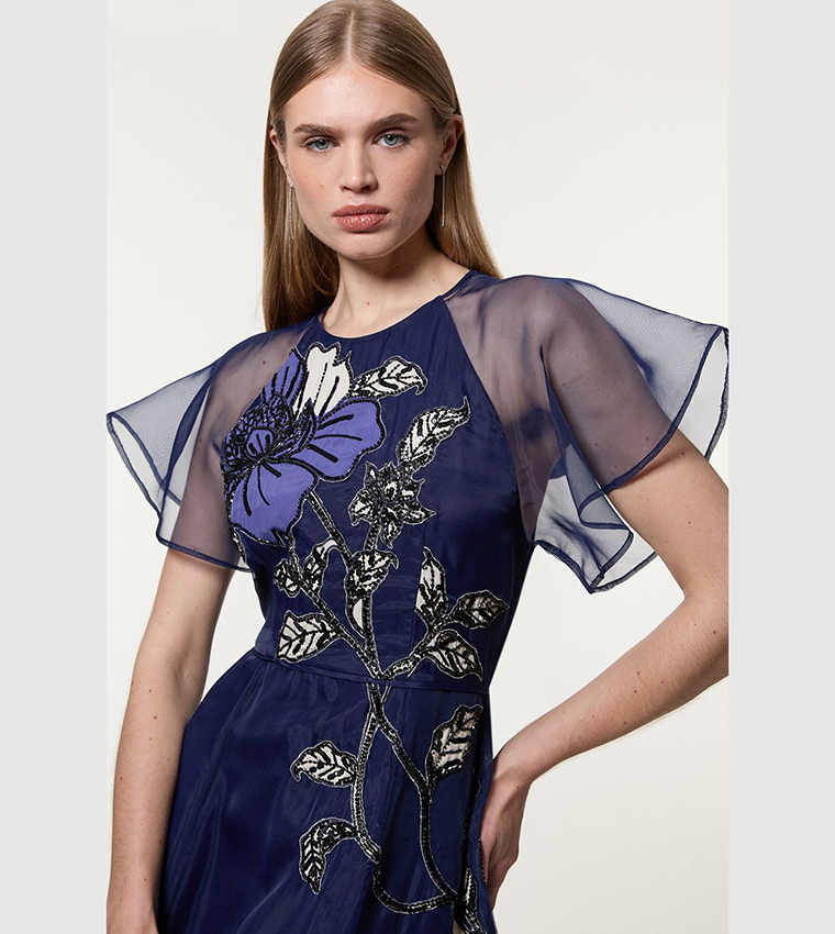 Short Sleeves Floral Printed Appliqued Organdie Maxi Dress