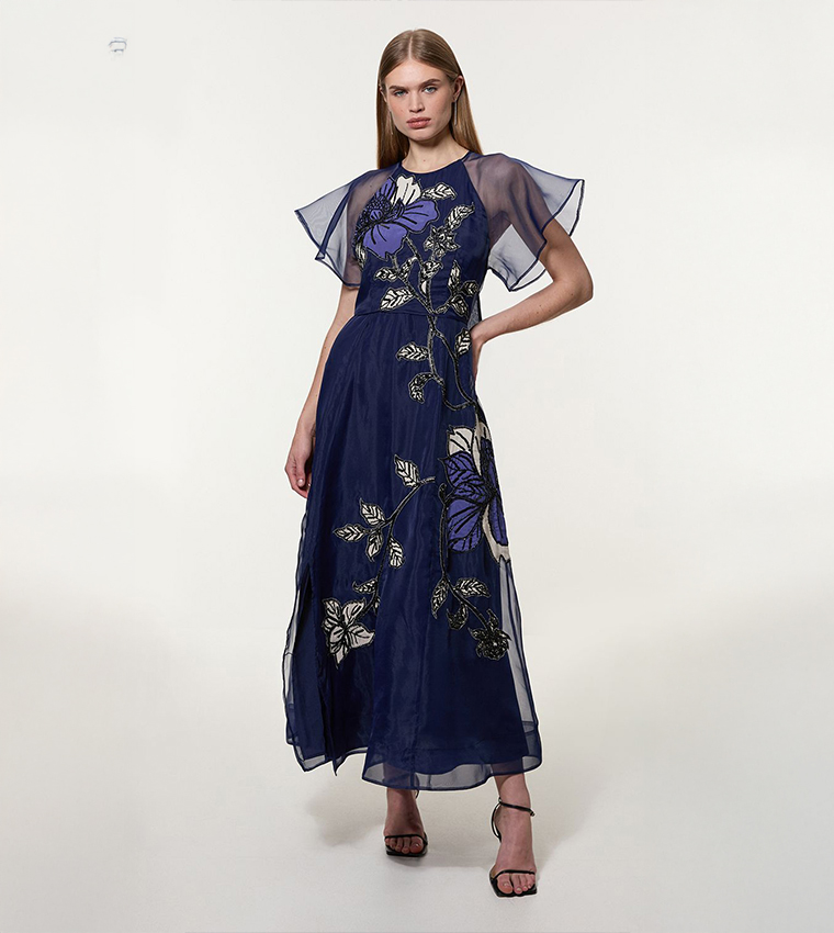 Short Sleeves Floral Printed Appliqued Organdie Maxi Dress