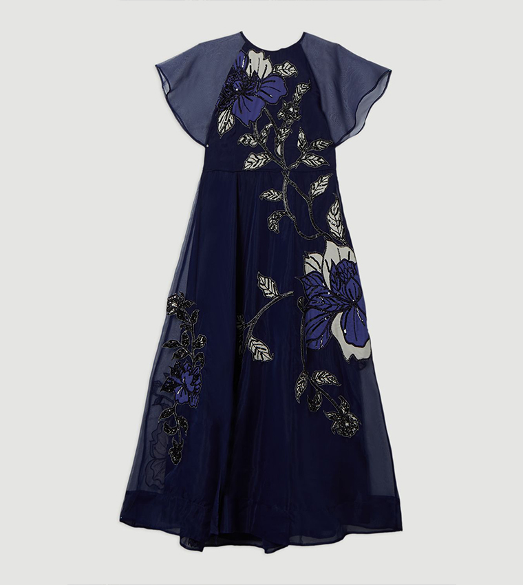 Short Sleeves Floral Printed Appliqued Organdie Maxi Dress