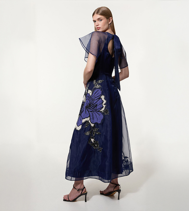 Short Sleeves Floral Printed Appliqued Organdie Maxi Dress