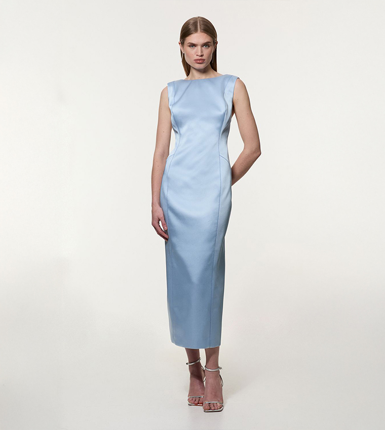 Structured Viscose Satin Stitch Detail Pencil Maxi Dress