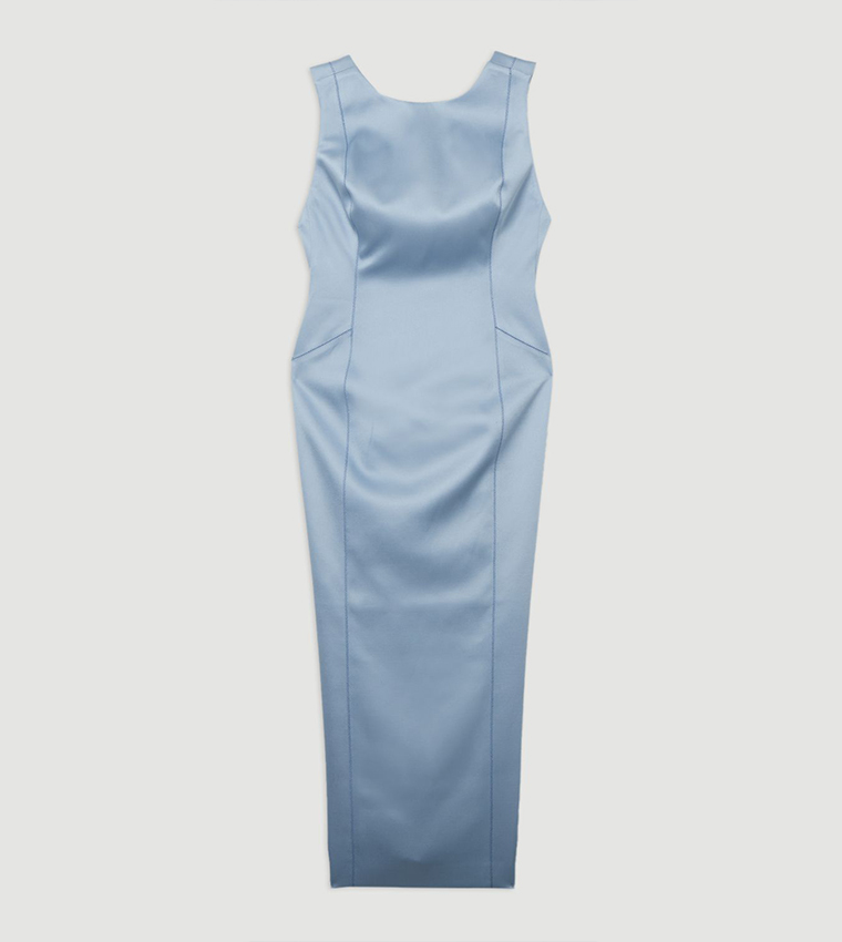 Structured Viscose Satin Stitch Detail Pencil Maxi Dress