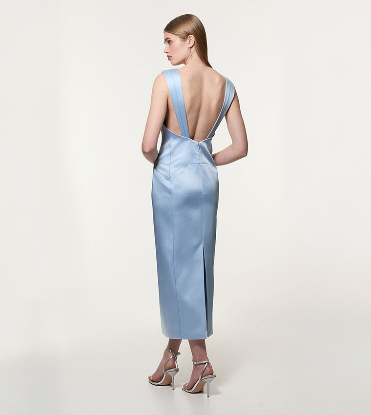 Structured Viscose Satin Stitch Detail Pencil Maxi Dress