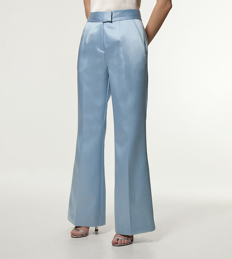 Structured Viscose Satin Stitch Detail Tailored Kick Flared Trousers