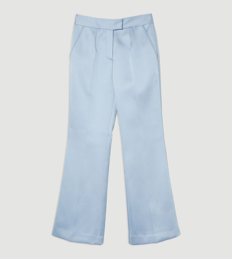 Structured Viscose Satin Stitch Detail Tailored Kick Flared Trousers