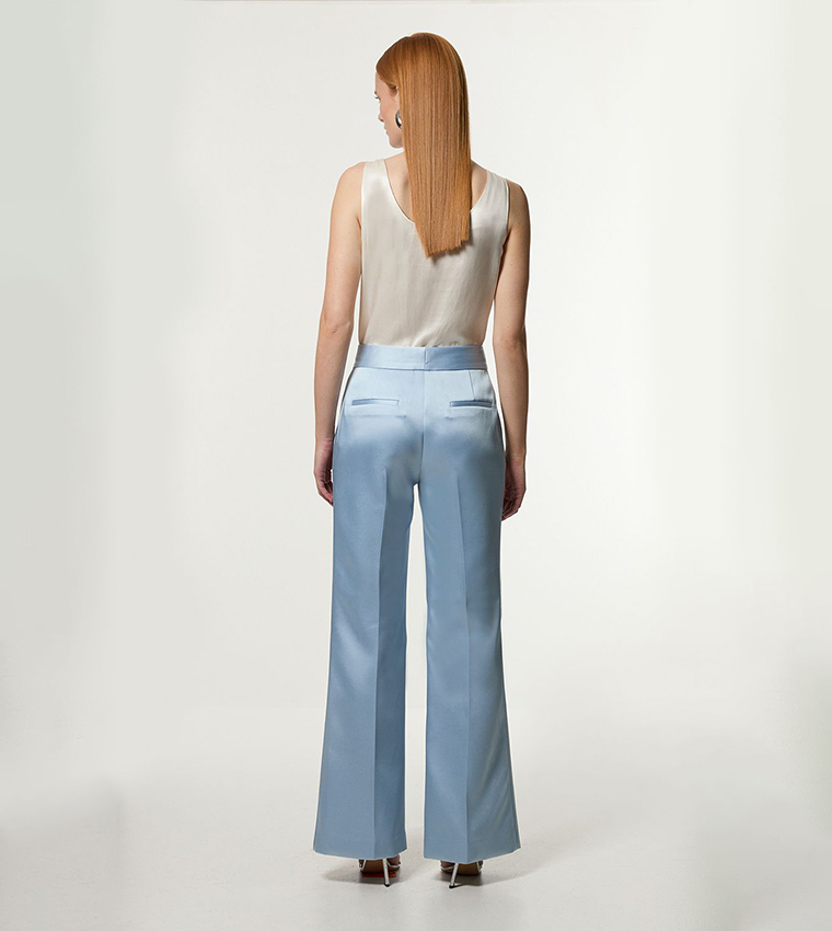 Structured Viscose Satin Stitch Detail Tailored Kick Flared Trousers