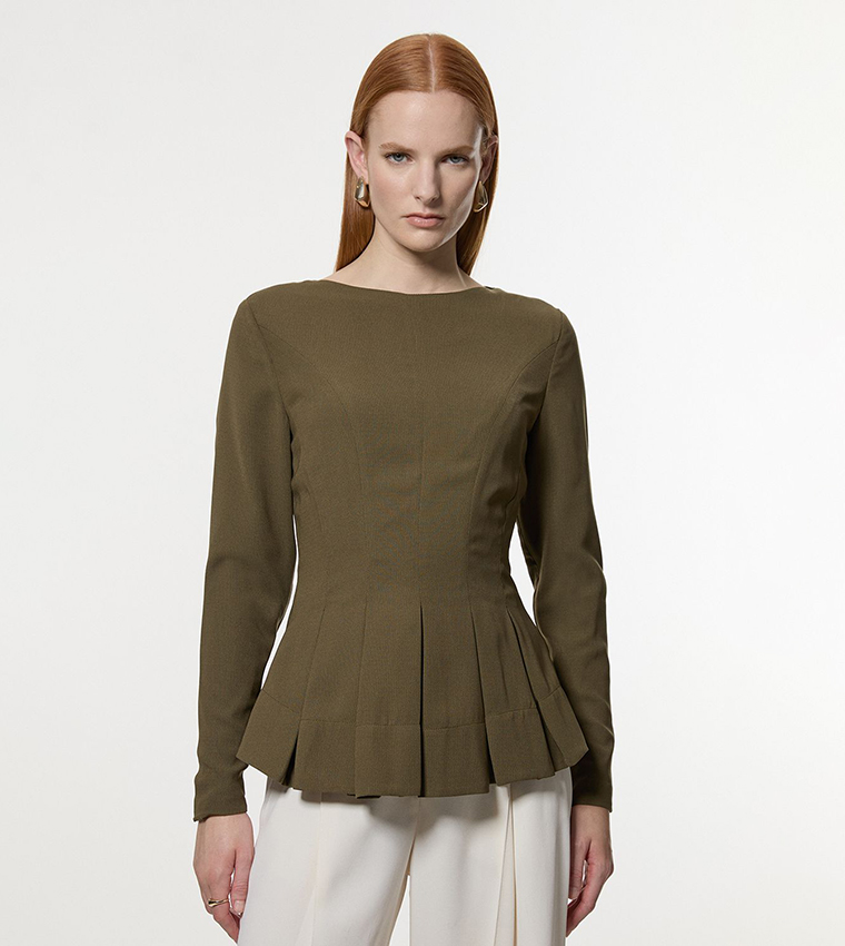 Pleated Long Sleeves Open Back Detail Top
