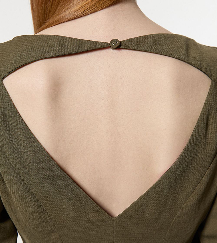 Pleated Long Sleeves Open Back Detail Top