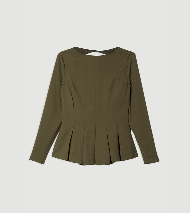 Pleated Long Sleeves Open Back Detail Top