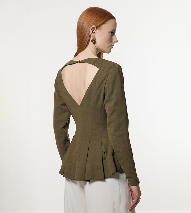 Pleated Long Sleeves Open Back Detail Top