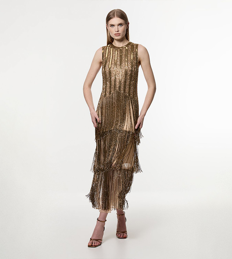 Buy Karen Millen Embellished And Beaded Layered Fringing Woven Midi Dress  In Gold | 6thstreet UAE