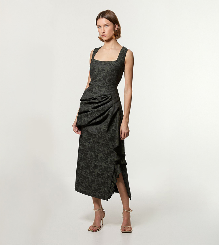 Petite Jacquard Ruffle Strappy Tailored Maxi Dress