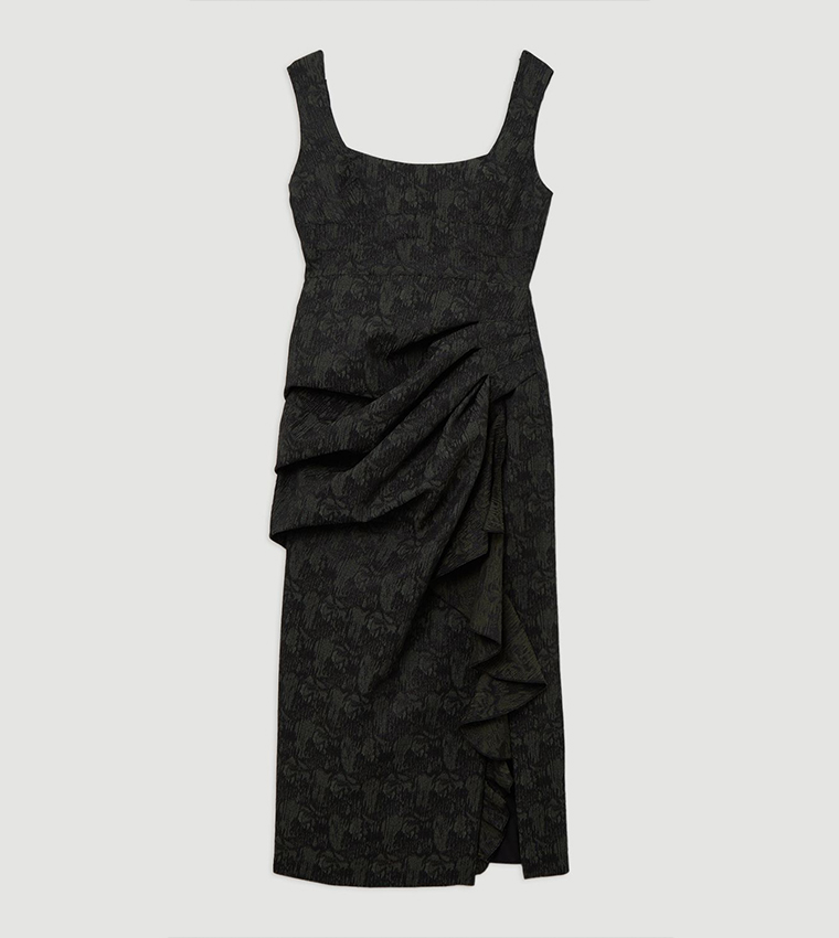 Petite Jacquard Ruffle Strappy Tailored Maxi Dress