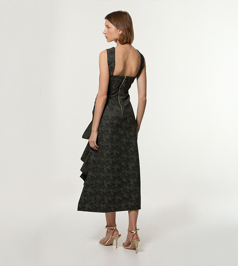 Petite Jacquard Ruffle Strappy Tailored Maxi Dress