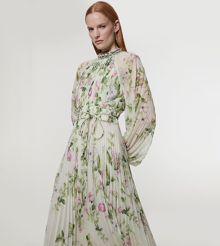 Floral Diamante Woven Pleated Long Sleeves Maxi Dress