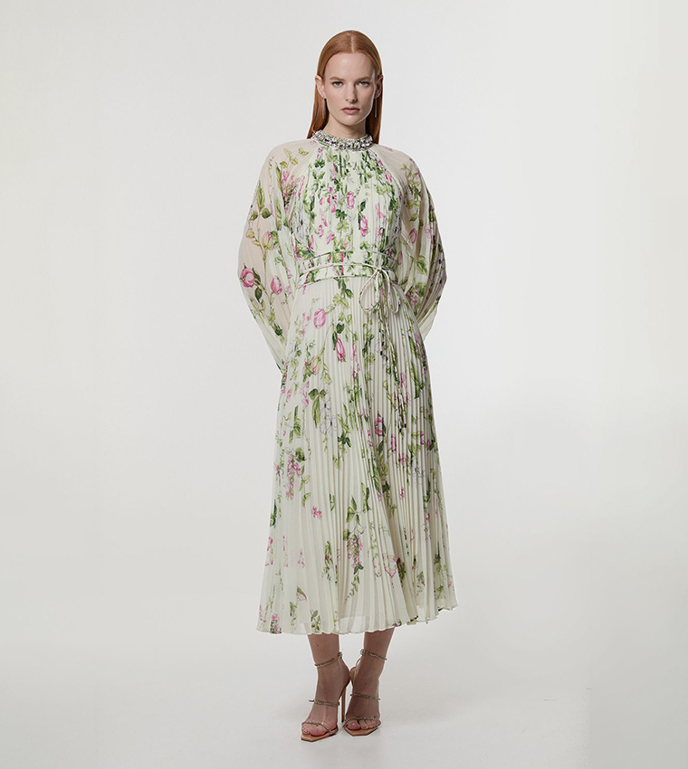 Floral Diamante Woven Pleated Long Sleeves Maxi Dress