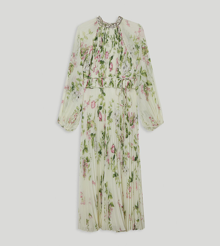 Floral Diamante Woven Pleated Long Sleeves Maxi Dress