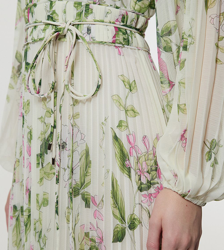 Floral Diamante Woven Pleated Long Sleeves Maxi Dress