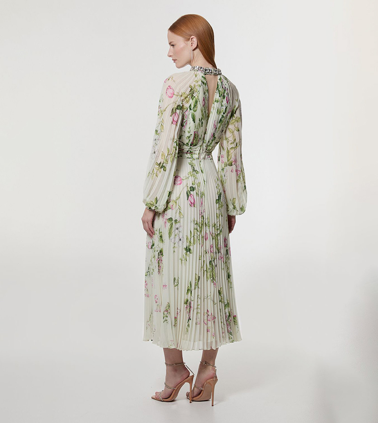 Floral Diamante Woven Pleated Long Sleeves Maxi Dress