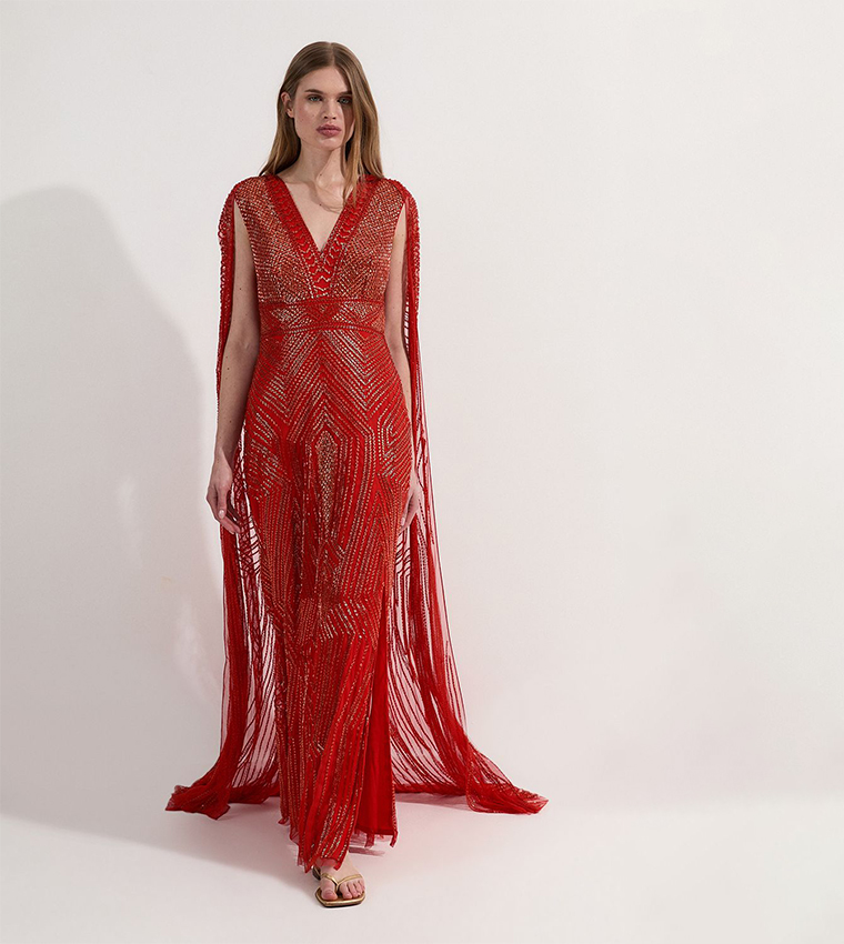 Buy Karen Millen Tall Premium Embellished Caped Maxi Dress In Red