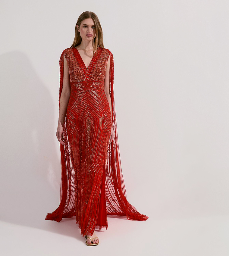 Premium Embellished Caped Maxi Dress