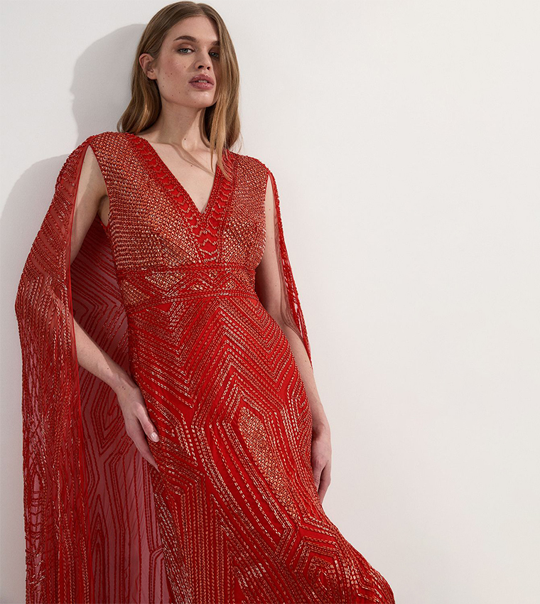 Premium Embellished Caped Maxi Dress