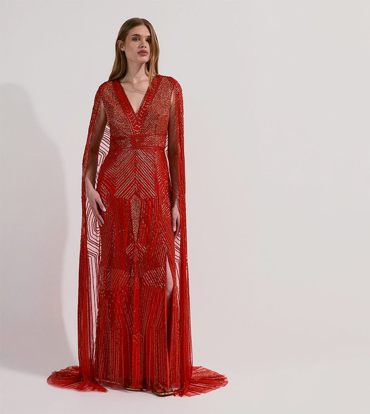 Premium Embellished Caped Maxi Dress