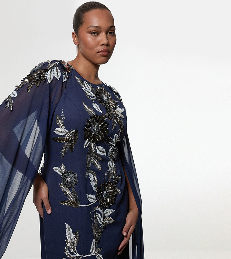 Curve Floral Embellished Cape Sleeves Woven Maxi Dress