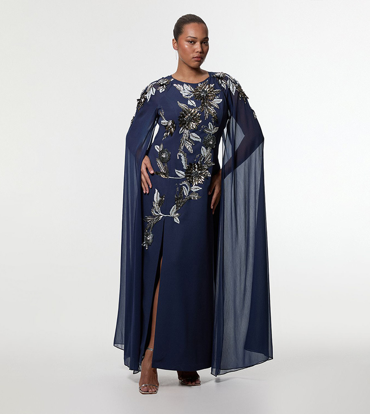 Curve Floral Embellished Cape Sleeves Woven Maxi Dress