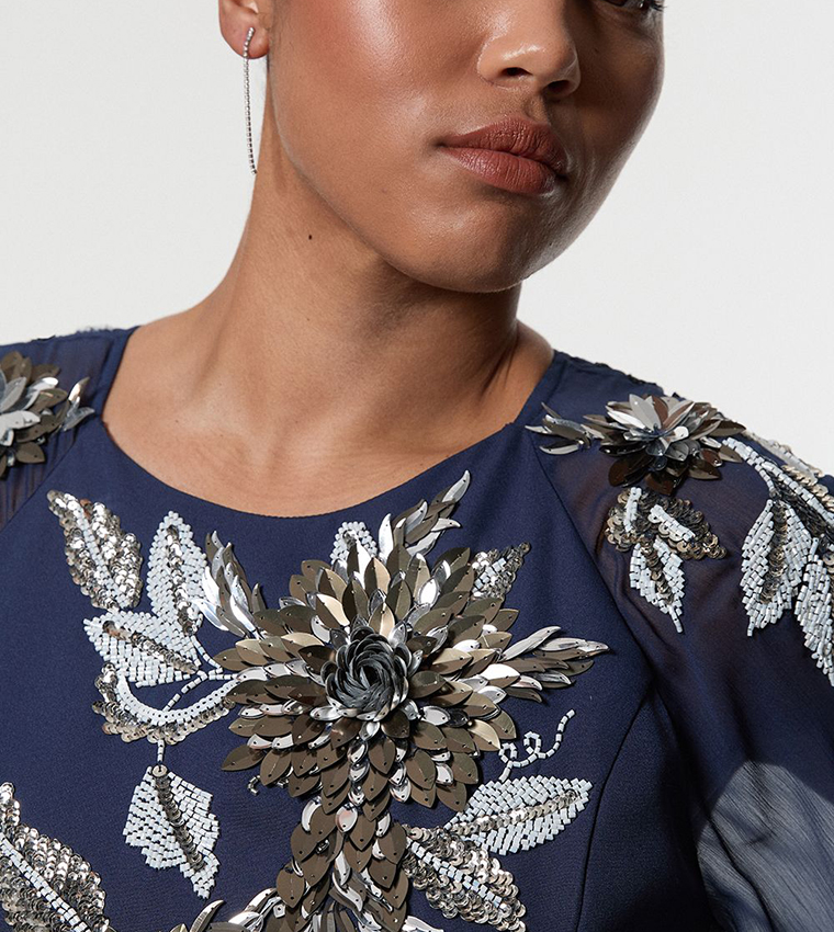 Curve Floral Embellished Cape Sleeves Woven Maxi Dress