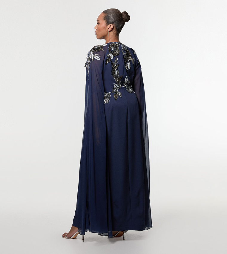 Curve Floral Embellished Cape Sleeves Woven Maxi Dress