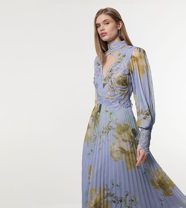 Tall Floral Printed Applique Lace Pleated Maxi Dress