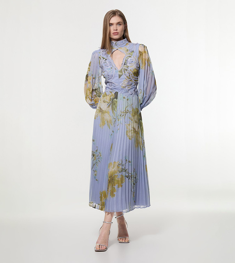 Tall Floral Printed Applique Lace Pleated Maxi Dress