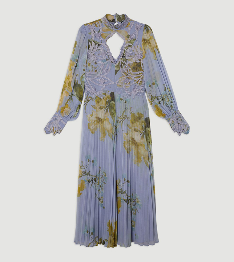 Tall Floral Printed Applique Lace Pleated Maxi Dress