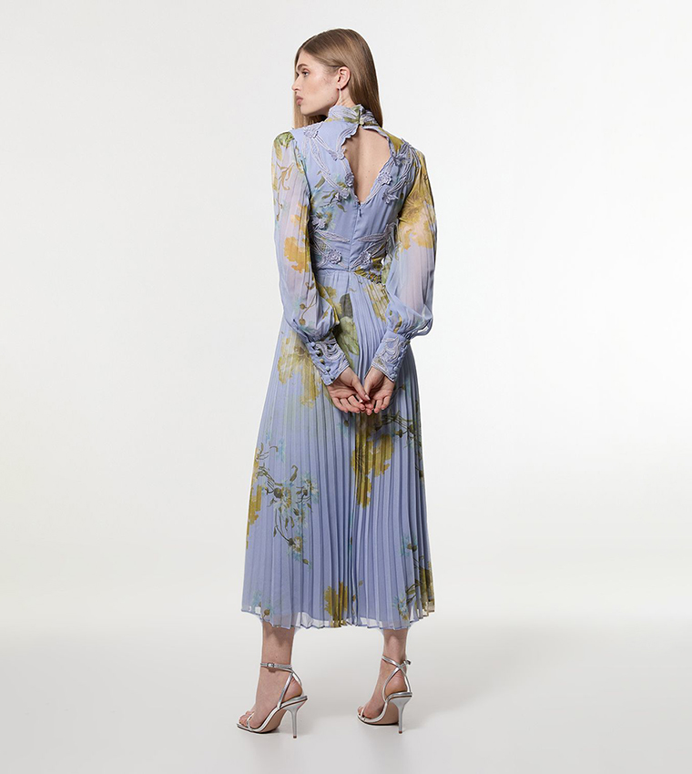 Tall Floral Printed Applique Lace Pleated Maxi Dress