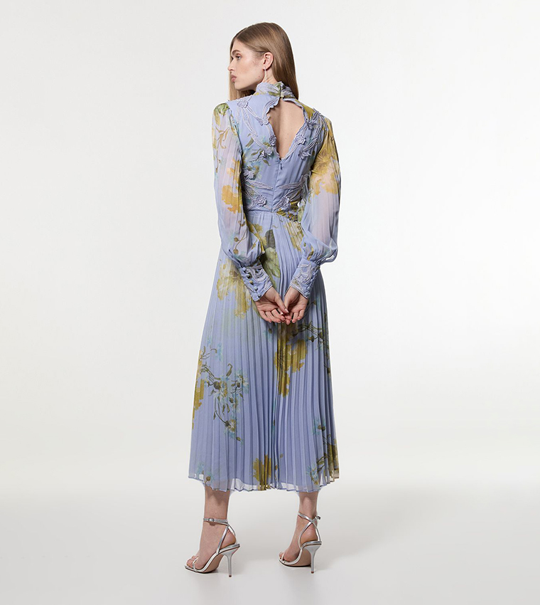 Petite Floral Applique Lace Pleated Woven Maxi Dress