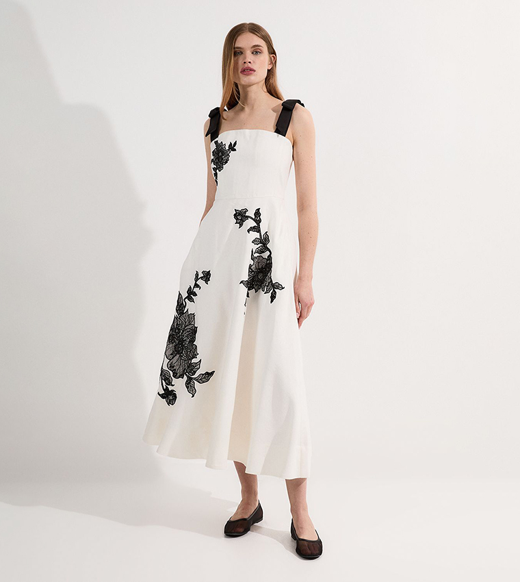 Viscose Lace Embroidered Strappy Midi Dress