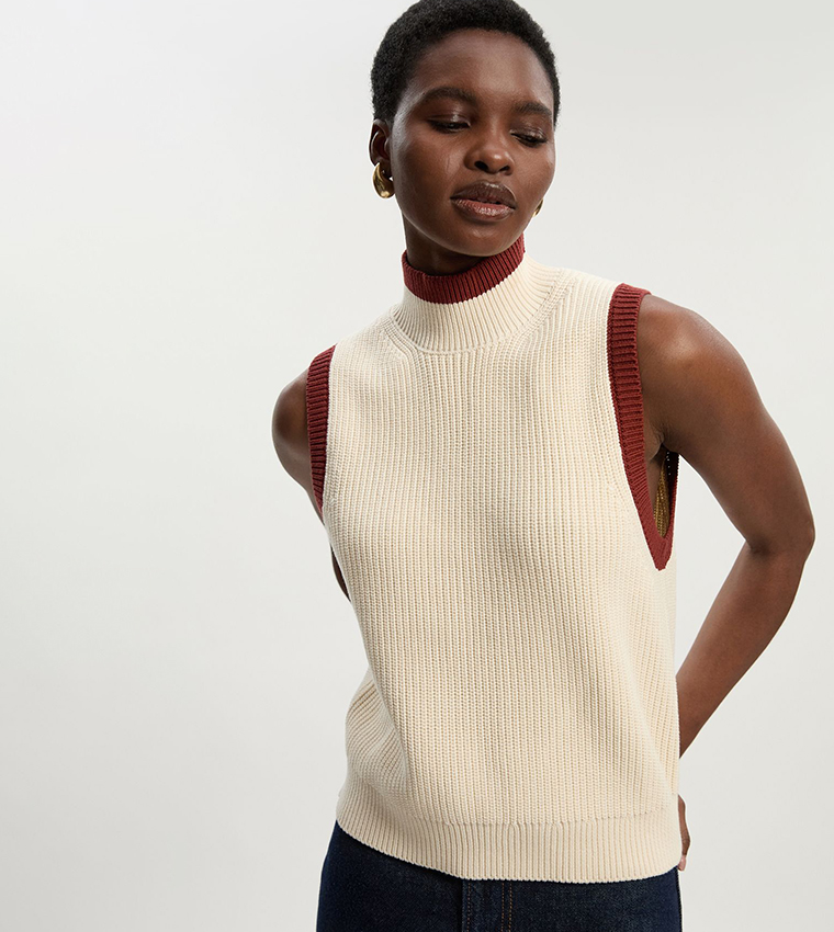 Buy Karen Millen Ribbed High Neck Sweater Vest In Beige