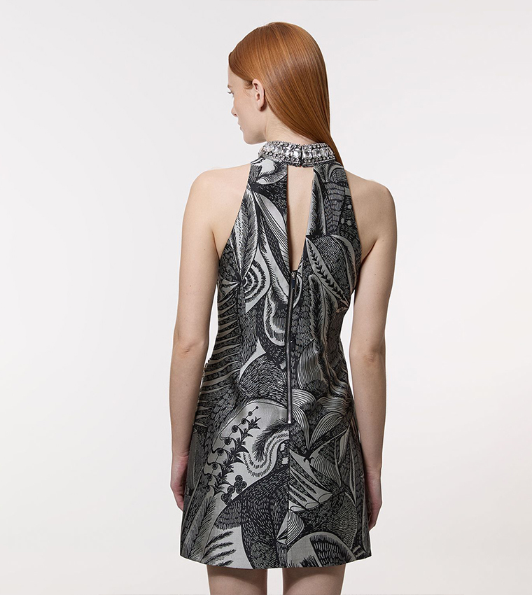 Crystal Embellished Jacquard Woven Thigh Split Mini Dress