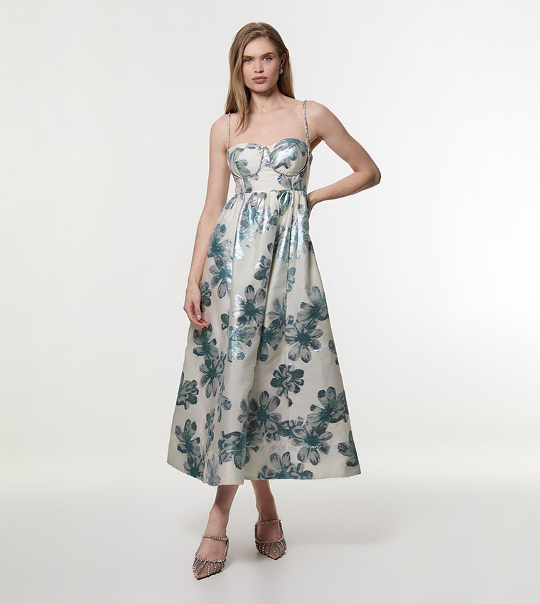 Diamante Trim Bodice Detail Metallic Jacquard Midi Dress