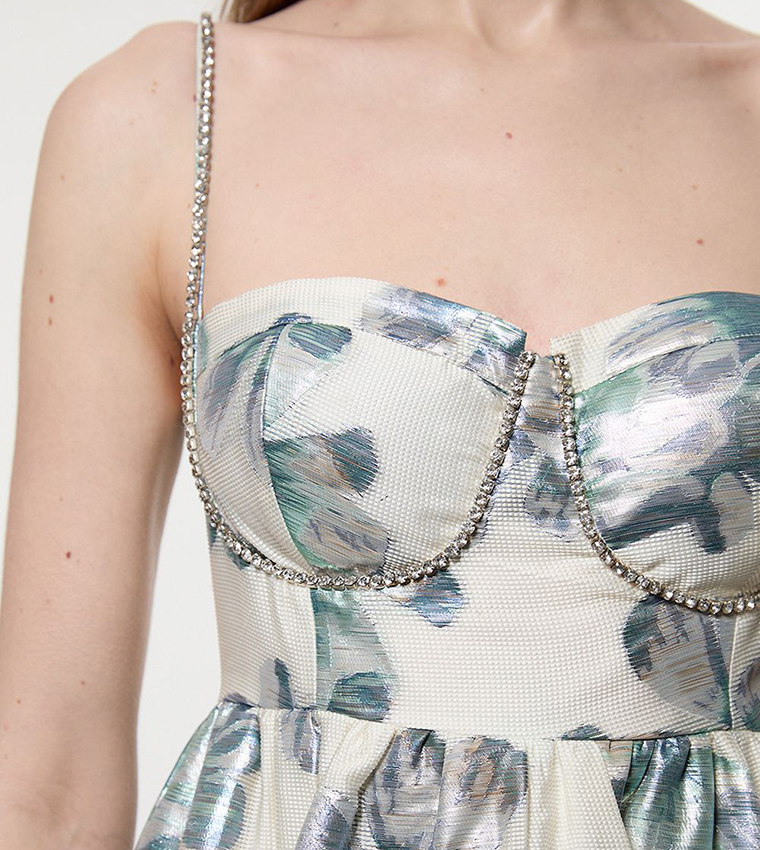 Diamante Trim Bodice Detail Metallic Jacquard Midi Dress