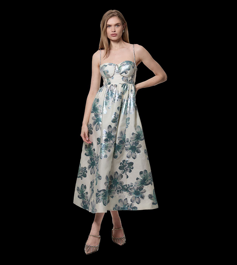 Diamante Trim Bodice Detail Metallic Jacquard Midi Dress